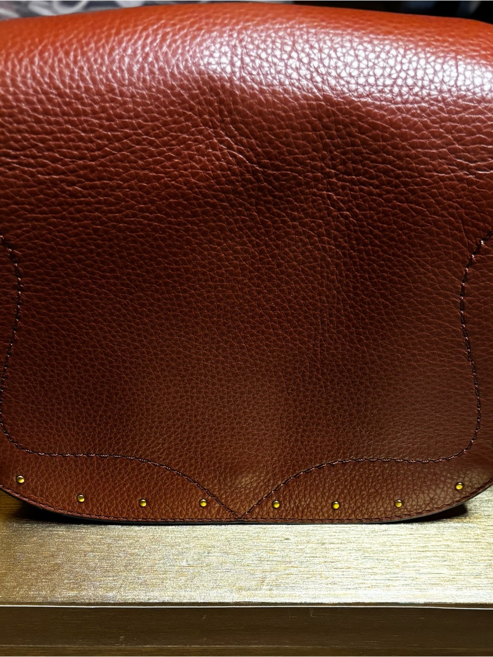 Vince Camuto Chestnut Brown Pebbled Leather Saddle bag with Gold Studs